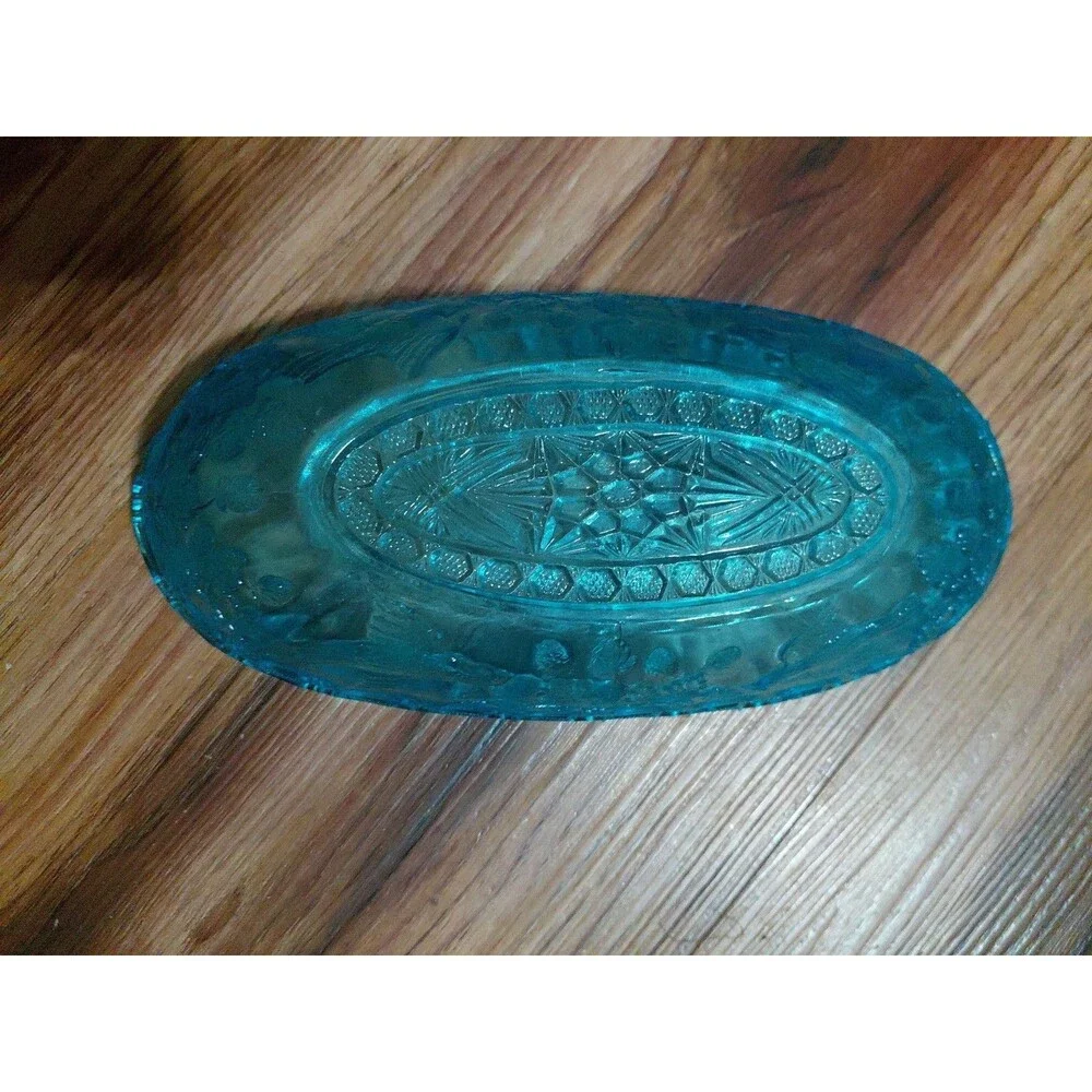 Vintage Tiara Indiana Blue Glass Relish Candy Dish With Doves, Birds & Berries